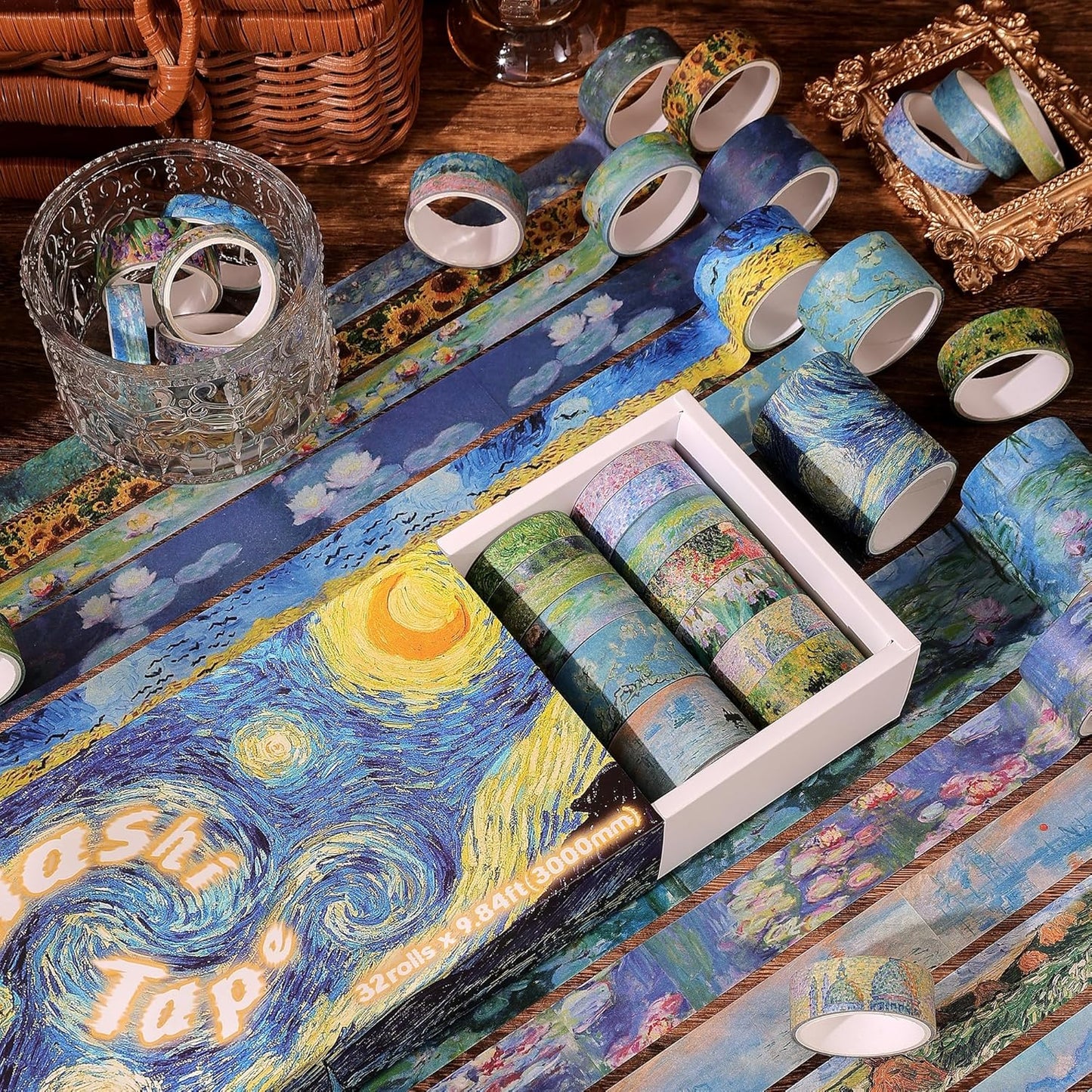 emmoolife 32 Rolls Washi Tape Set, Oil Painting Decorative Masking Tape, Van Gogh Adhesive Tape for Bullet Journal, DIY Crafts Gift, Party Decorations, Junk Journal, School Supplies