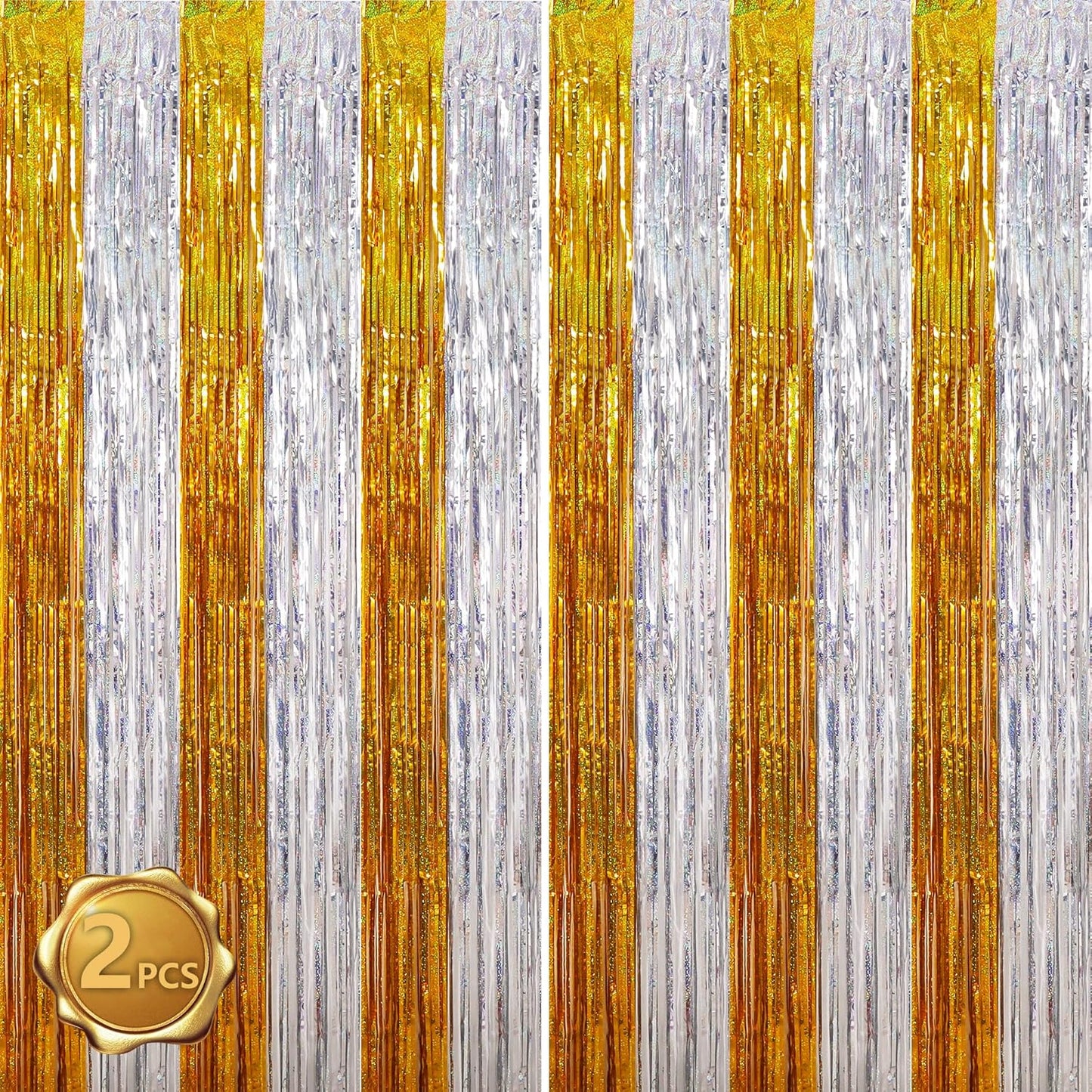 BEISHIDA Gold Silver Door Streamers Backdrop Foil Fringe Tinsel Party Streamers Curtains Photo Backdrop - 2Pcs for Birthday Graduation Bachelorette Party Decoations