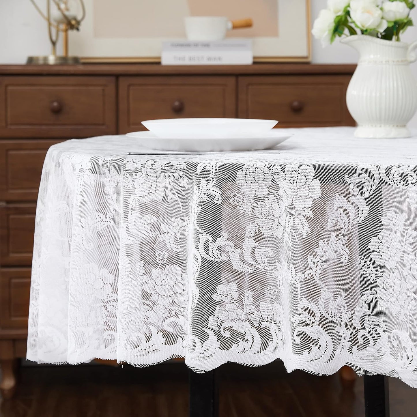 LinenZone White Round Tablecloth for Rustic Vintage Decor. Sheer Lace Works Great As Wedding, Thanksgiving or Christmas Tablecloth (Mia 70 Round, White)