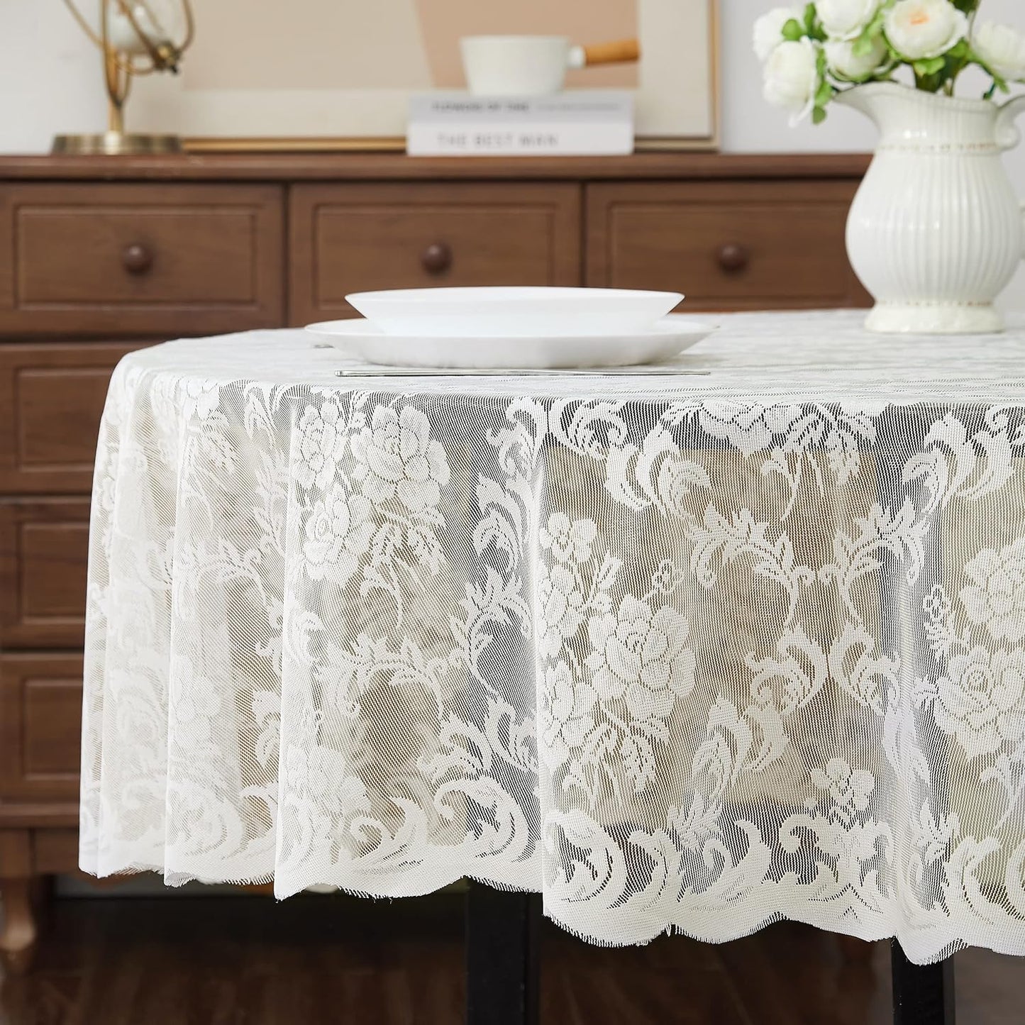 LinenZone Ivory Round Tablecloth for Rustic Vintage Decor. Sheer Lace Tablecloth Works Great As Wedding Table Cloth or Christmas Table Cover (Mia 48 Round, Ivory)
